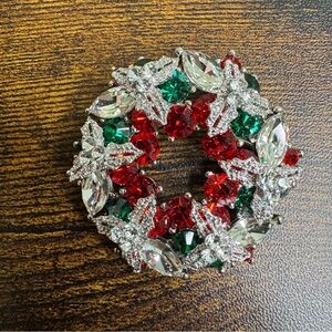 Christmas Wreath Brooch Red Green and Clear Crystal